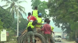 Dramatic Actions of Electrical Installation Workers. Climb on a fast truck
