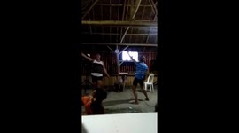 Hilarious moment dancer swings from roof and then falls on his back