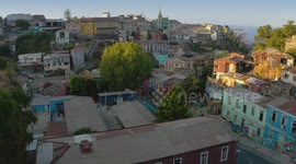 Aerial shots of Valparaiso city and Port - Cerro Concepción. Cemetery. Jail.