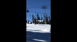 snowboarder hits his first trick and immediately looks at the camera man causing him to wipe out in a comedic fashion