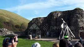 Trebuchet being fired at Corfe Castle, Dorset, England