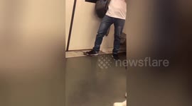 上海  淡定！小哥一脚踩住狂奔老鼠 瞅一眼继续玩手机