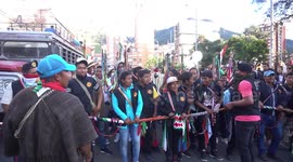 Members of Colombia's Indigenous Cauca Guard arrive in Bogota in support of the national strike
