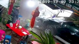 Pickup truck smashes into street food stand as couple serve noodles in Thailand