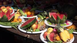 Monkeys eat fruit and sweets at annual birthday party buffet in Thailand