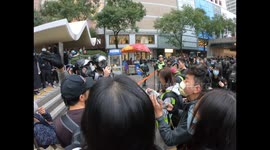 Riot police and protest marshals negotiate animatedly