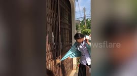 Clingy Golden Retriever grabs student nurse's jacket and refuses to let her leave