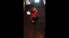 Toddler trys to sit on dollhouse chair