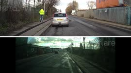 Van driver goes fast and swerves into a puddle to deliberately splash a pedestrian walking on the pavement