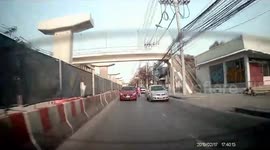 Distracted motorcycle rider crashes into car then rides away