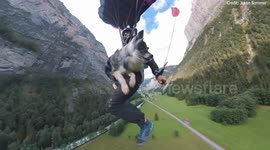 Daring dog leaps off 2,000ft Swiss cliff in owner's arms and parachutes back down