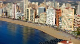 Aerial timelapse of Levant Beach, Benidorm, Spain with miniature effect