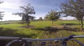 Man sitting on car tire behind buggy and falls