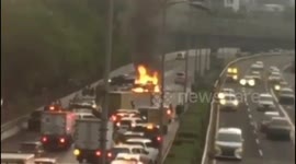 streak accident on the highway, one car caught fire