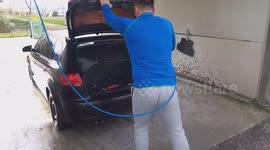 corona virus is in the car and should be expelled and disinfected necessarily, ridiculously. the video was shot in Sarajevo on a public car wash
