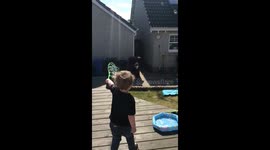 While playing with bubbles toddler falls off decking