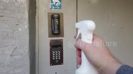 Antivirus processing the front door with a spray.