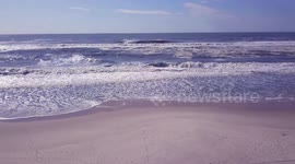 Drone aerial view flying off the Hamptons, New York, over large breakers and out to the Atlantic
