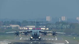 Royal Airforce A400M Atlas aircraft practices two 'Touch and Go' landings at Birmingham Airport