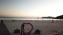 A drone view in sunset of Haeundae beach in Busan, South Korea