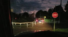 Excited girl comments on trampoline in road after storm