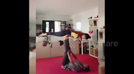 Two Spanish acrobats perform impressive flip at home during coronavirus lockdown