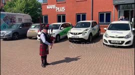 Military veteran plays bagpipes in front of care home to show appreciation for staff