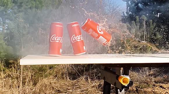 Fruit, vegetables and Coca-Cola cans destroyed by firecracker cannon in this experiment