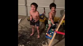 Two little boys decided to make a pool out of paint while dad wasn’t watching.