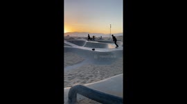 Skateboarders at sunset in Venice Beach during Quarantine