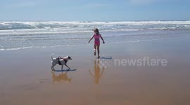 after lockdown child released on to beach with her dog