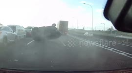 Collision on Taiwan highway sends car spinning out of control
