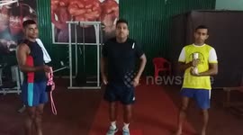 Man famous as hammer head man in india bangs dumbles on his head while practising