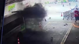 Shocking moment ambulance oxygen tank explodes while patient is loaded into the back