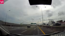 Shocking moment bonnet flies off car being towed on motorway in Thailand