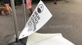Damage to COVID-19 sign following second scuffle between NYPD police and BLM protesters at Madison Square Park