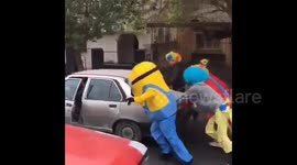 Clowns, a Minion and even Spiderman in Argentina help a motorist in distress