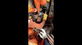 Moment man rescued from underneath rubble of collapsed building in western India