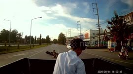Motorcycle passenger pulls off epic save in crash by doing FRONT FLIP into pickup truck