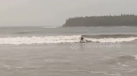 Surfers brave Nova Scotia waters as storm Teddy approaches