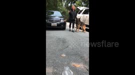 'I don't care, get off my lawn!'  Dog trainer commands her dog to bark at gardeners as they eat lunch by the side walk in Pennsylvania