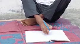 Teen in India has no hands and uses his feet to draw, eat, and clean perfectly