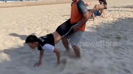 Funny challenge - Blow flour in a 2-leg locked state to find candies hidden under the flour