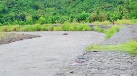 Stranded teachers use rubber rings to float across swollen river after heavy rain in the Philippines