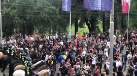 Mounted police officers struck by flag-wielding protesters during anti-lockdown demonstration in Melbourne