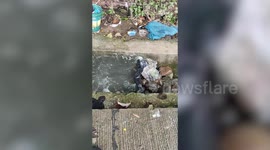 Kids Play In Canal After Rainstorm In The Philippines
