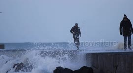 Spectators Taking Risks As Big Waves Crash On Shore - Storm Alex