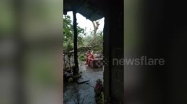 Filipino man calmly drinks coffee on sofa while being battered by super typhoon