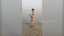 Blind river dolphin stuck in mud carried back into water in Pakistan