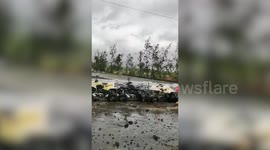 Typhoon Goni Aftermath Leaves Area Covered In Mud And Debris